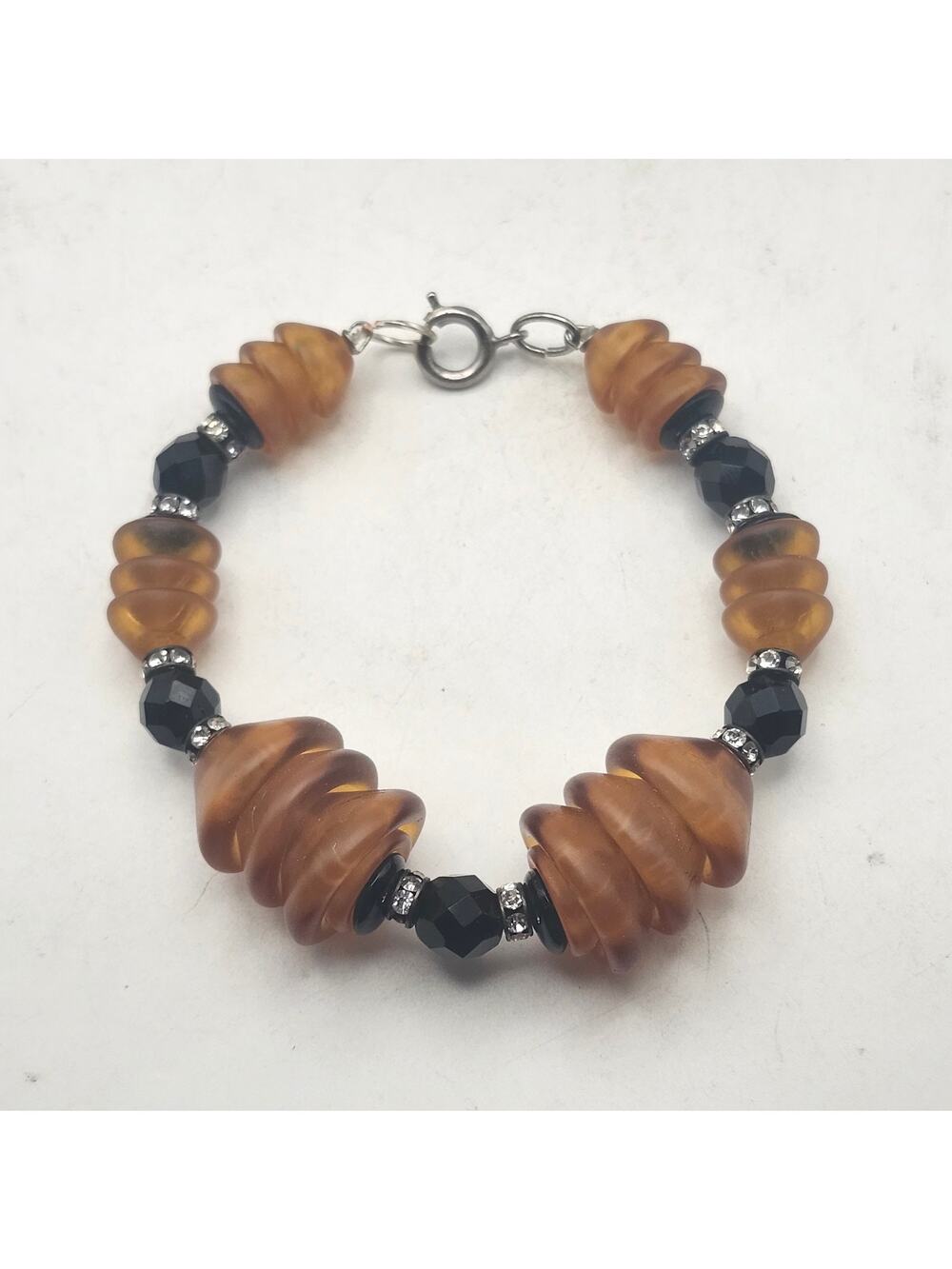 Faux Amber Glass Bead Bracelet Black Faceted Rhinestone Silver Tone Retro Boho
